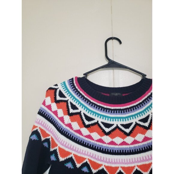 Talbots Womens Petites P Sweater Fair Isle Bold Colorful Navy Blue Pullover - Picture 4 of 6